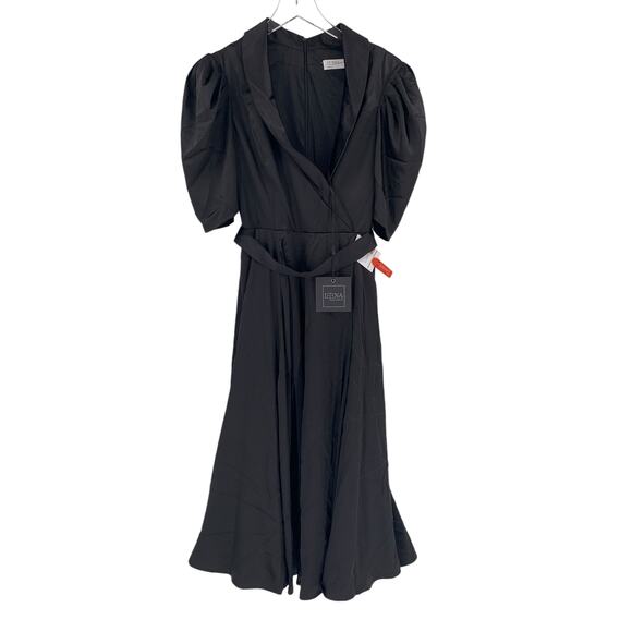 MAC DUGGAL Dress Size 4 Evening Gown Black Satin NEW Lapel Puff Sleeve Midi - Picture 5 of 8